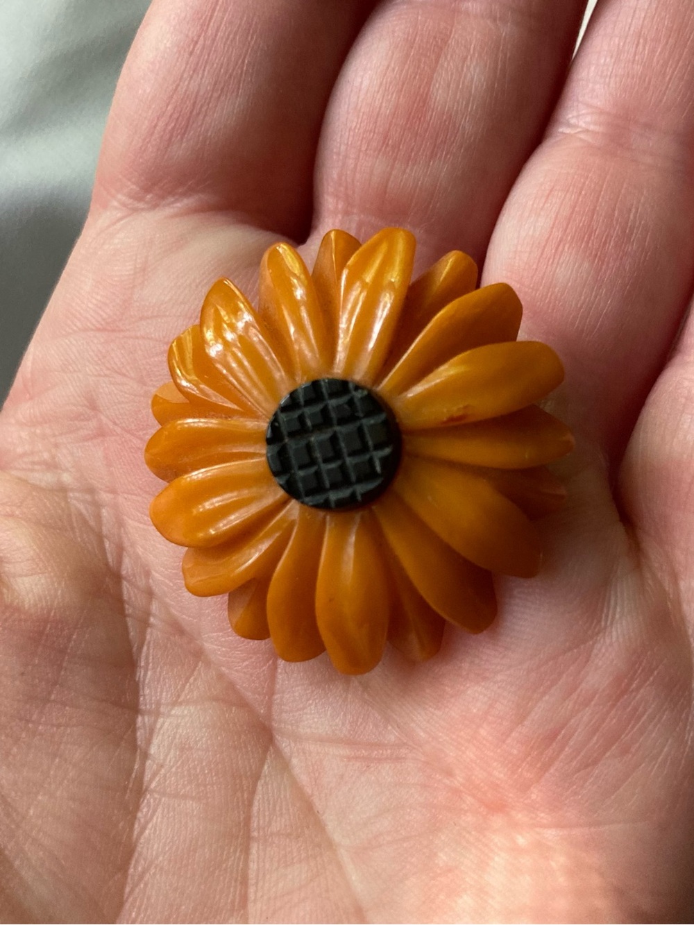 Catalin Co. Butterscotch & Brown Carved Bakelite Sunflower Fur Clip!